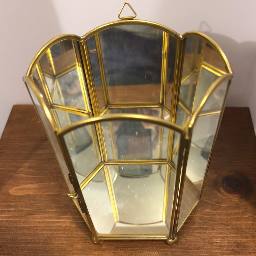 Vintage Brass Mirrored Glass Hexagon Curio Display Case Gold Arched Shadow Box